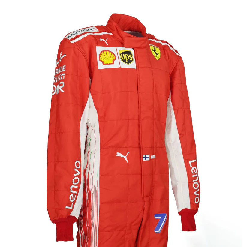 Red racing suit with various logos on a white background