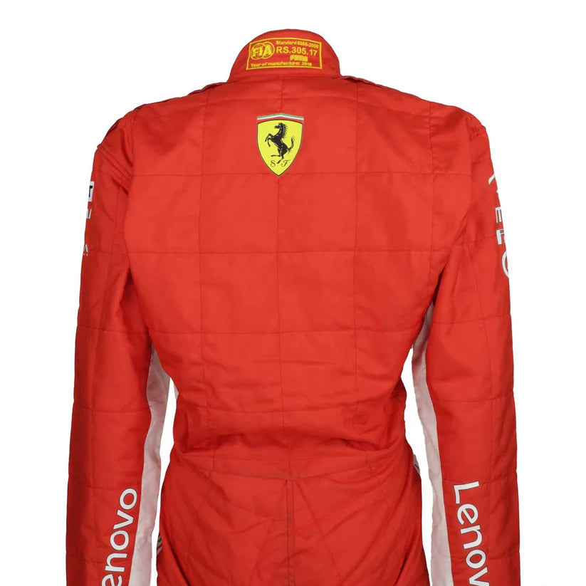 Red racing suit with Ferrari logo and Lenovo branding on a white background