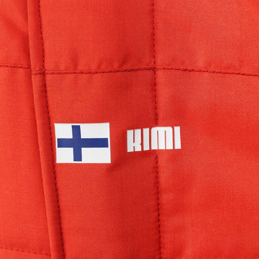 Red fabric with a Finnish flag patch and 'Kimi' text