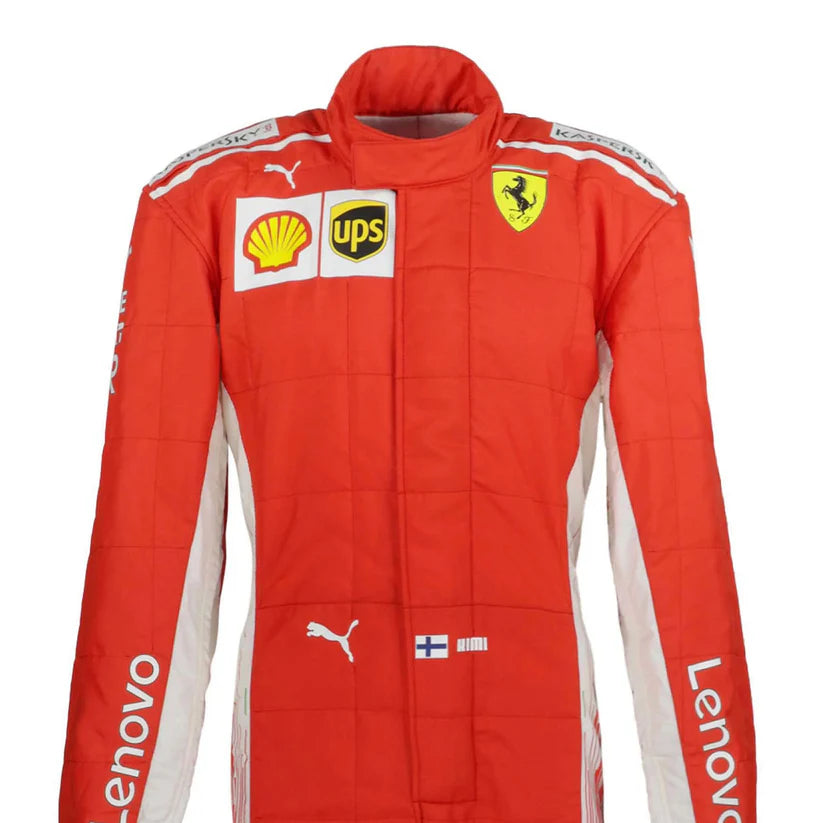 Red racing suit with various logos on a white background