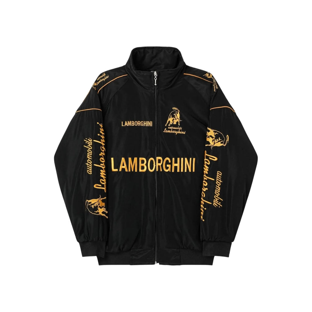 Lamborghini Formula 1 Style Racing Jacket featuring gold Lamborghini branding, logos, and text printed across the front and sleeves, displayed against a solid white background.