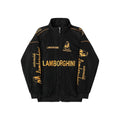 Lamborghini Formula 1 Style Racing Jacket featuring gold Lamborghini branding, logos, and text printed across the front and sleeves, displayed against a solid white background.