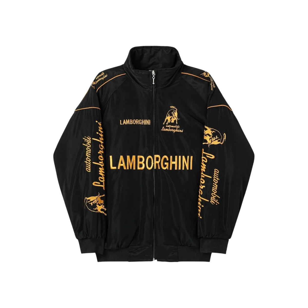 Lamborghini Formula 1 Style Racing Jacket featuring gold Lamborghini branding, logos, and text printed across the front and sleeves, displayed against a solid white background.