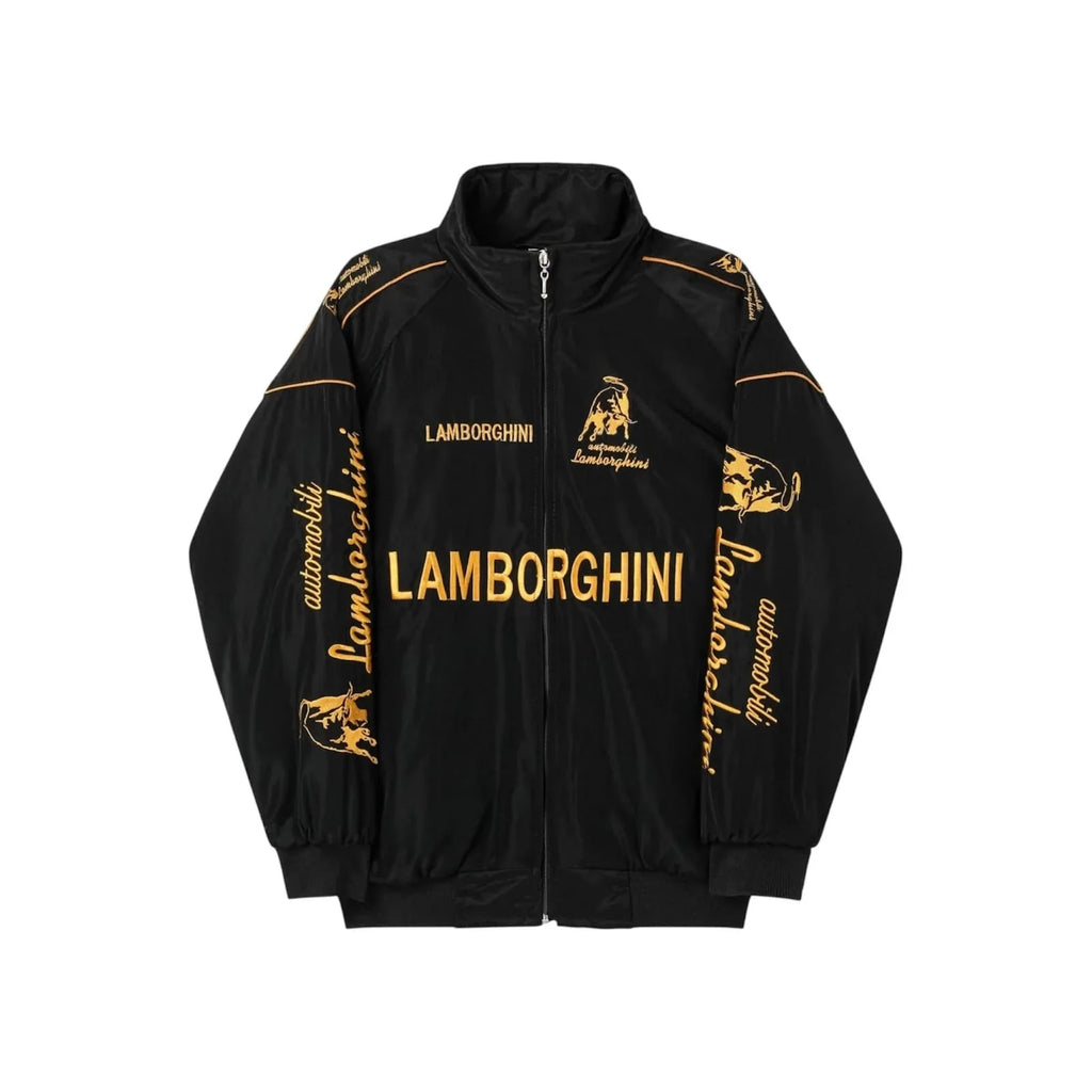 Lamborghini Formula 1 Style Racing Jacket featuring gold Lamborghini branding, logos, and text printed across the front and sleeves, displayed against a solid white background.