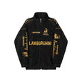 Lamborghini Formula 1 Style Racing Jacket featuring gold Lamborghini branding, logos, and text printed across the front and sleeves, displayed against a solid white background.
