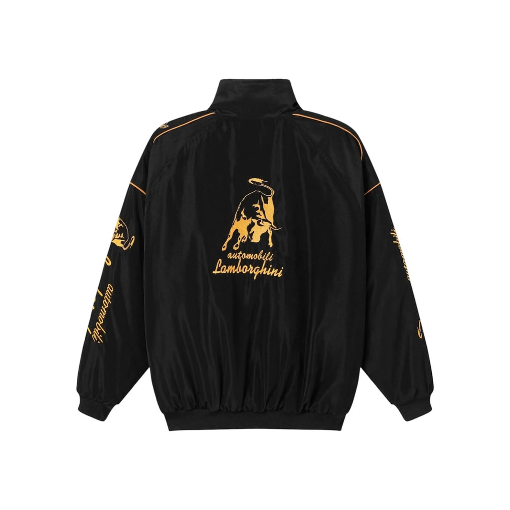 Lamborghini Formula 1 Style Racing Jacket shown from the back, featuring a large gold Lamborghini bull logo and script on the center back, with additional gold logo details on the sleeves, set against a plain white background.