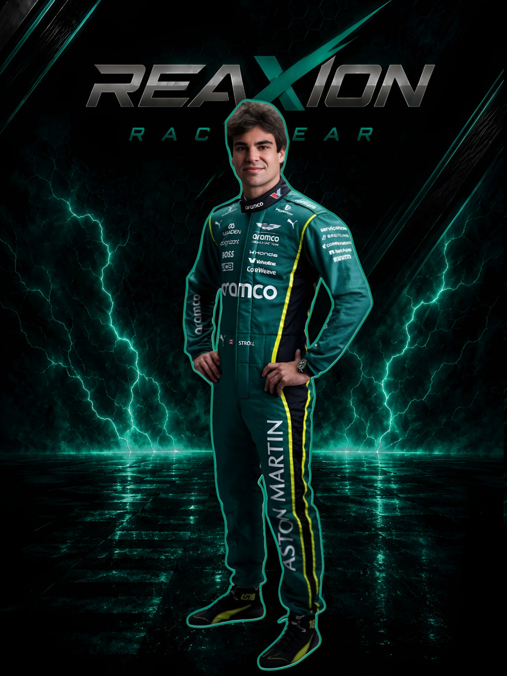 Lance Stroll 2026 Aston Martin F1 racing suit full body portrait with team branding