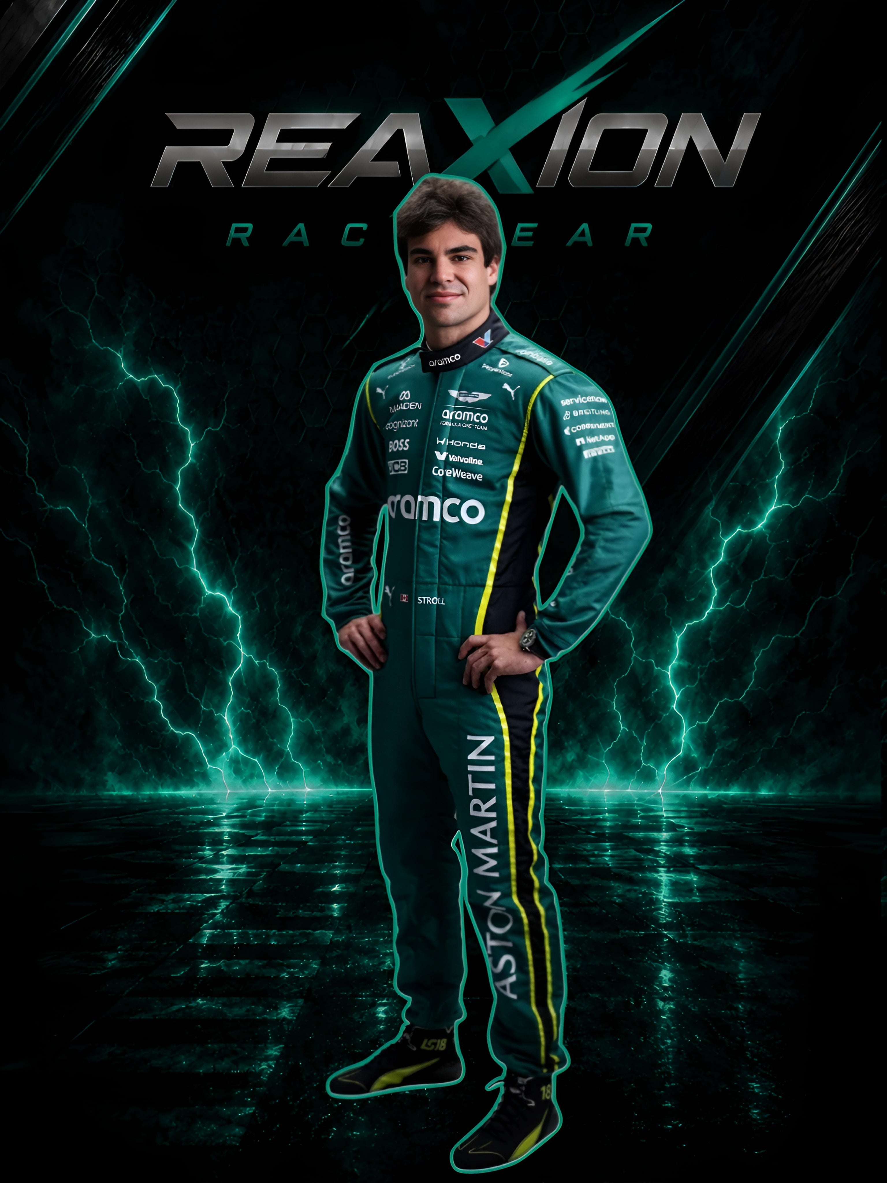 Lance Stroll 2026 Aston Martin F1 racing suit full body portrait with team branding