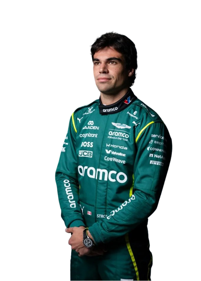 Lance Stroll 2026 Aston Martin F1 racing suit close-up view showing sponsor logos