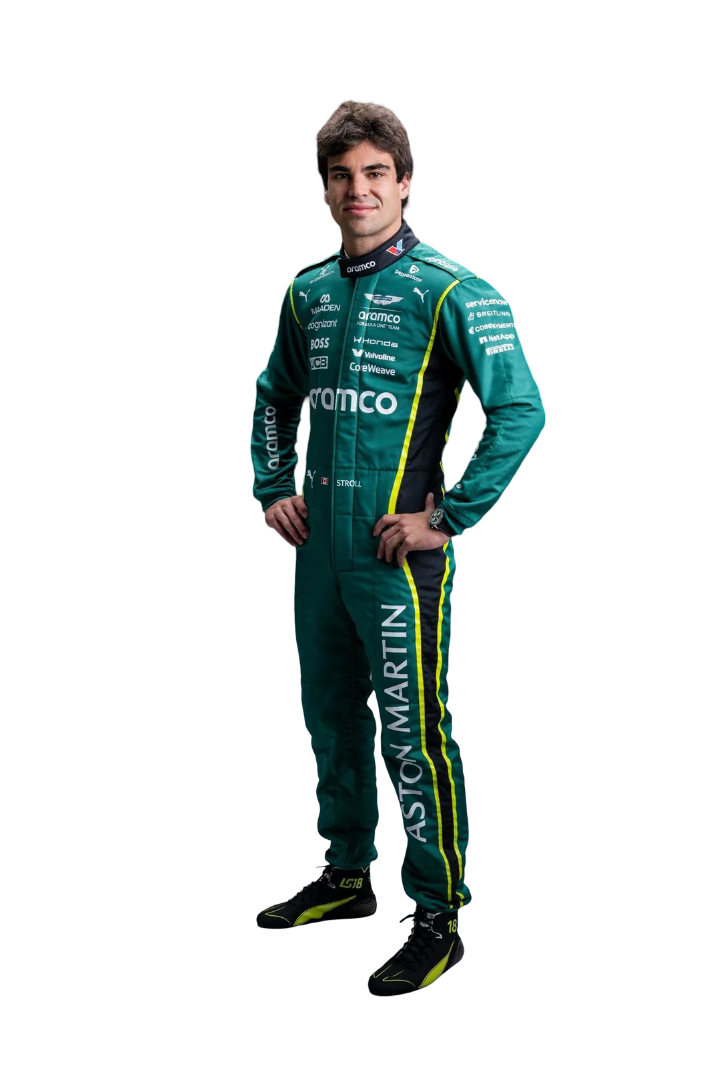 Lance Stroll 2026 Aston Martin F1 racing suit full body standing pose with Aston Martin branding