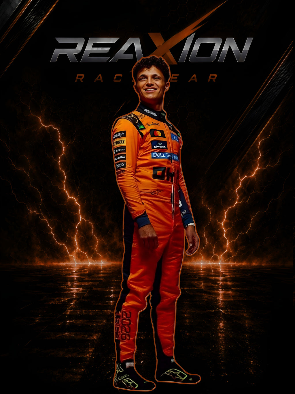 Lando Norris McLaren F1 2026 racing suit full body pose with team branding