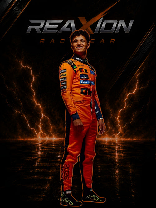 Lando Norris McLaren F1 2026 racing suit full body pose with team branding