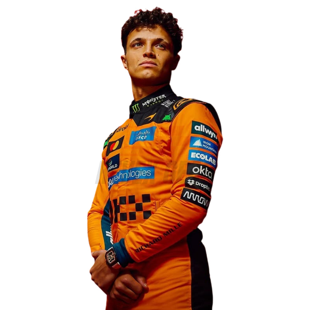 Lando Norris McLaren F1 2026 racing suit close-up portrait showing sponsor patches