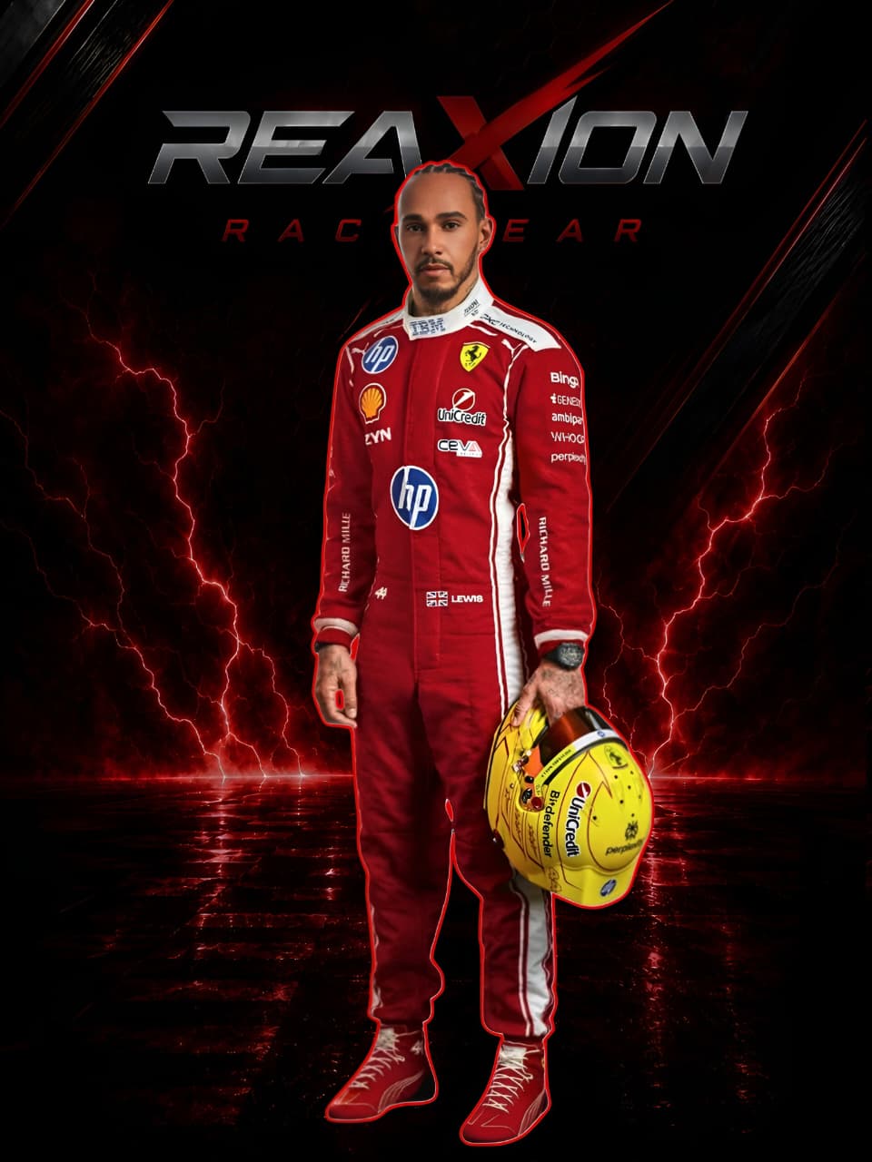 Lewis Hamilton 2026 Ferrari F1 racing suit full body view with team branding and helmet