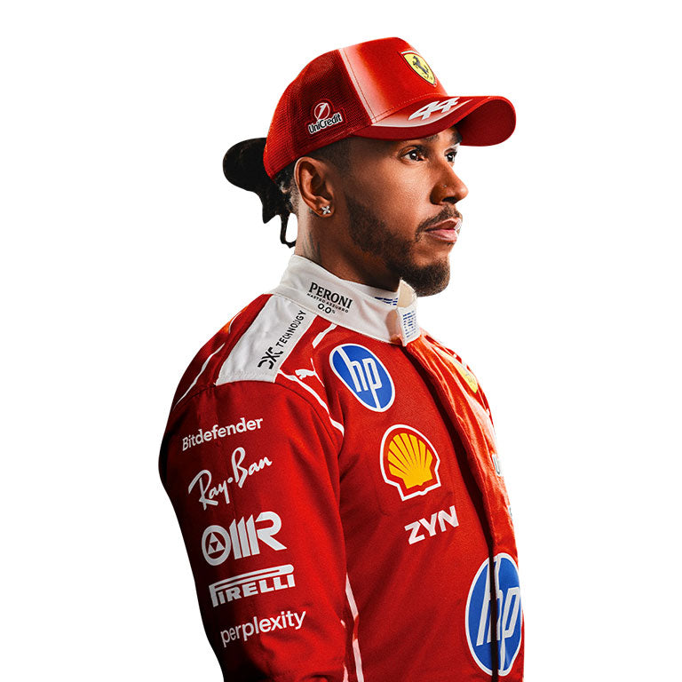 Lewis Hamilton 2026 Ferrari F1 racing suit close-up side view showing sponsor logos and cap