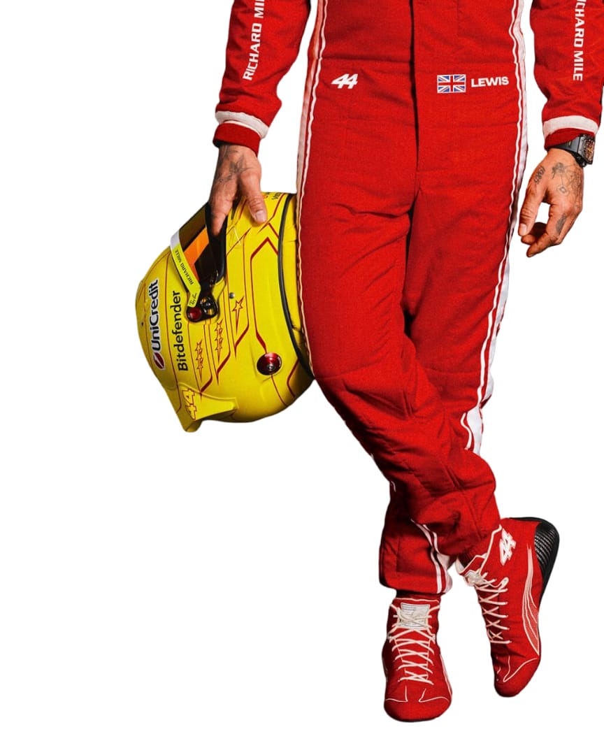 Lewis Hamilton 2026 Ferrari F1 racing suit trousers and racing shoes detail view