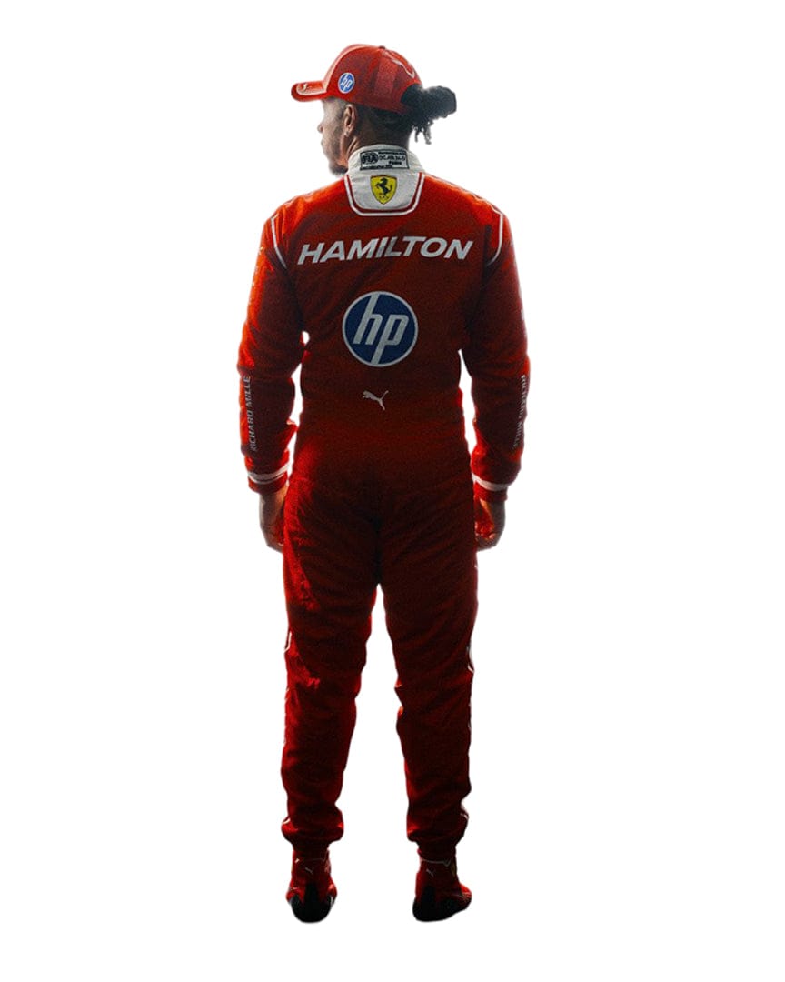 Lewis Hamilton Ferrari F1 racing suit back view featuring driver name and HP logo