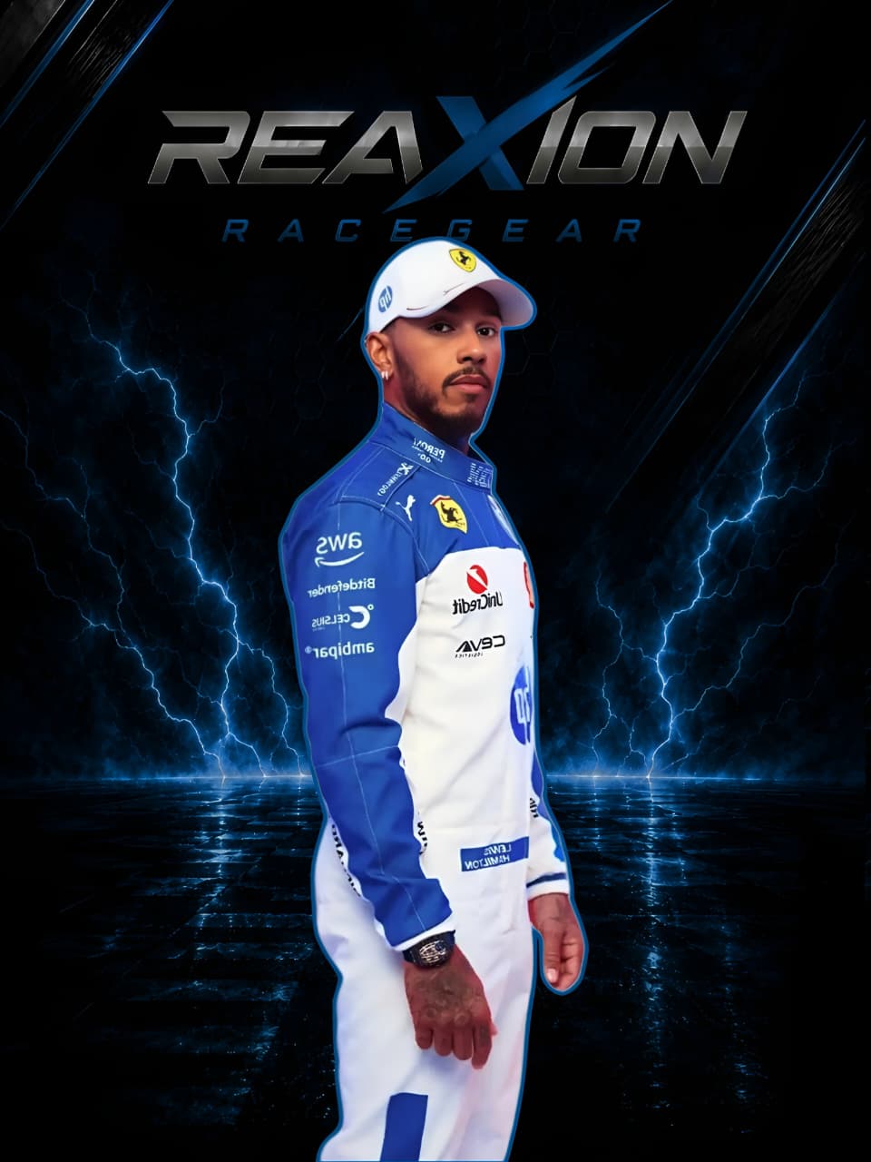Lewis Hamilton Ferrari 2025 Miami GP F1 Racing Suit with visible branding against a dark background with lightning effects, featuring the 'REAXION RACEGEAR' logo.