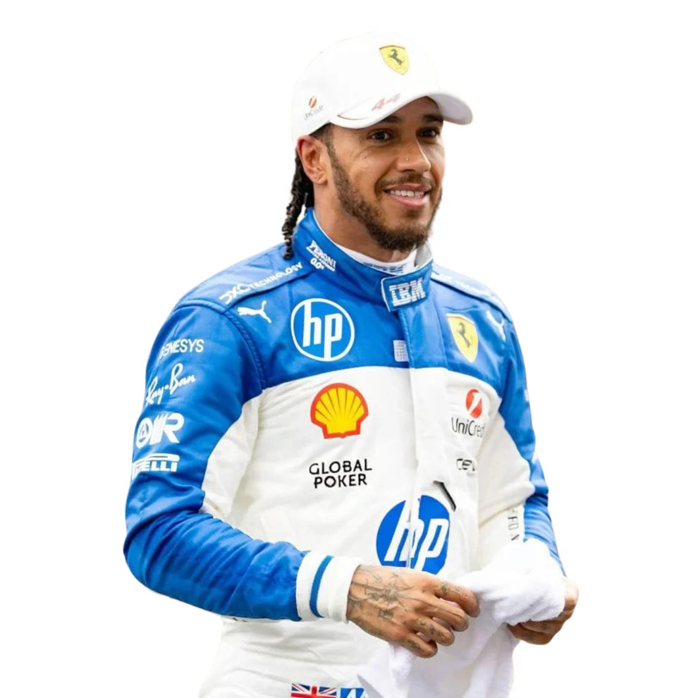 Lewis Hamilton wearing a blue and white Ferrari racing suit with various sponsor logos on a white background