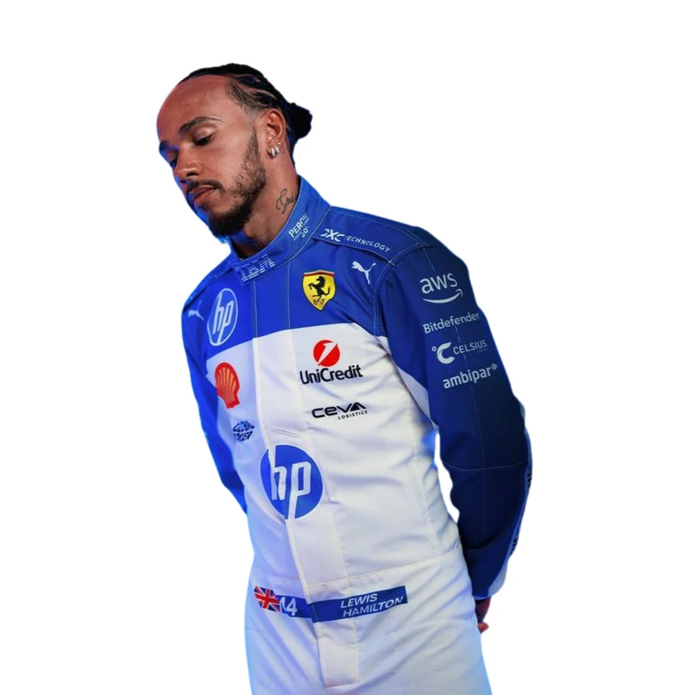 Lewis Hamilton wearing a blue and white Ferrari racing suit with various sponsor logos on a white background