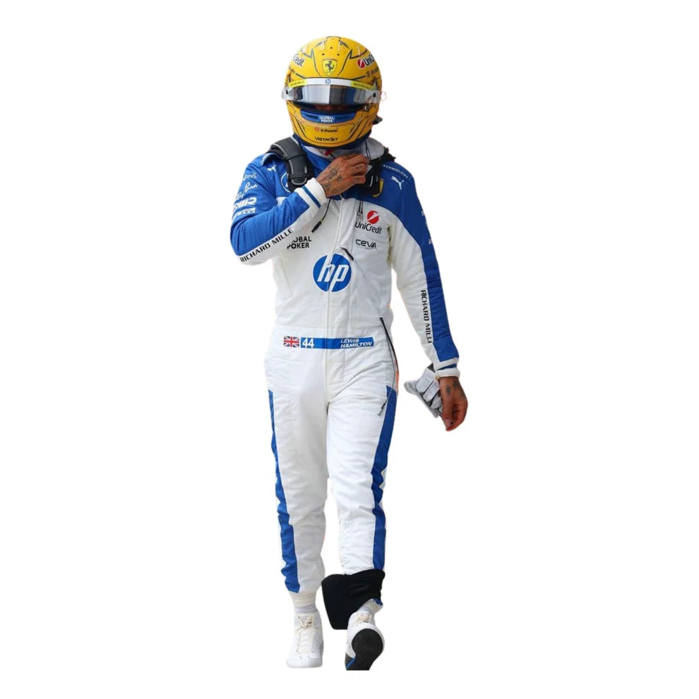 Racing driver in a white and blue suit with a helmet on a white background