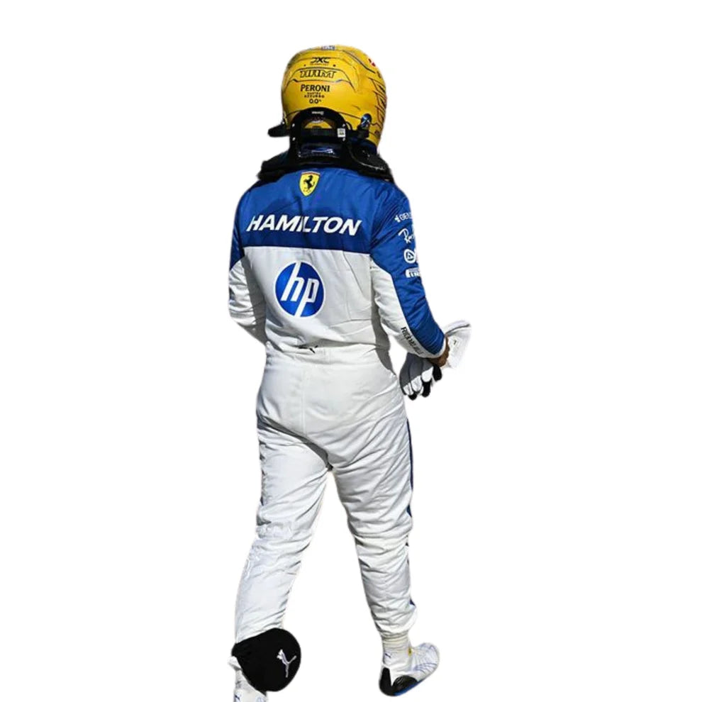Lewis Hamilton wearing a Ferrari racing suit with 'Hamilton' and 'bp' branding on a white background