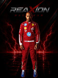 Lewis Hamilton Ferrari 2025 Monza GP F1 Racing Suit with various sponsor logos on a dark background with lightning effects, featuring the 'REAXION RACEGEAR' brand.