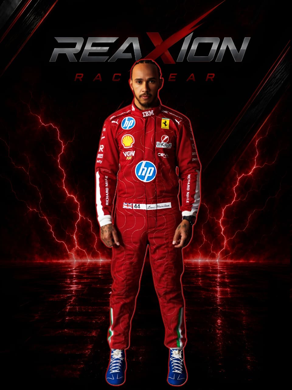 Lewis Hamilton Ferrari 2025 Monza GP F1 Racing Suit with various sponsor logos on a dark background with lightning effects, featuring the 'REAXION RACEGEAR' brand.