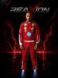 Lewis Hamilton Ferrari 2025 Monza GP F1 Racing Suit with various sponsor logos on a dark background with lightning effects, featuring the 'REAXION RACEGEAR' brand.