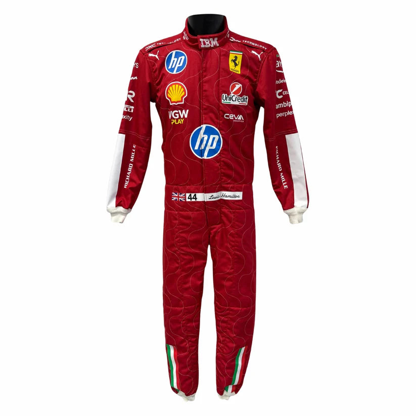 Lewis Hamilton Ferrari 2025 Monza GP F1 Racing Suit logos on a white background