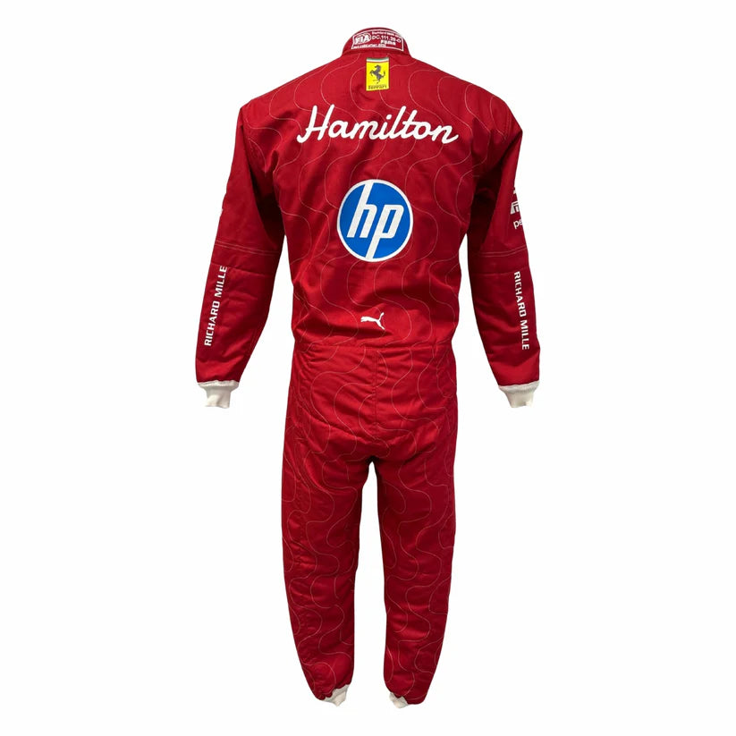 Ferrari 2025 racing suit with 'Hamilton' and 'hp' logos on a white background