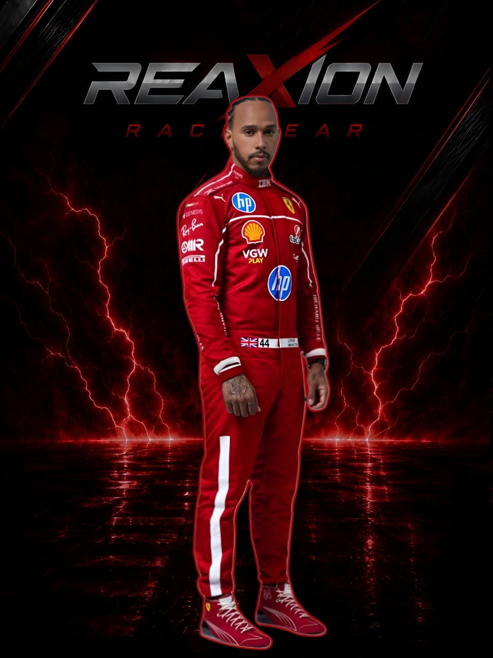 Lewis Hamilton in Ferrari 2025 F1 Racing Suit with various logos on a dark background with lightning effects, featuring the 'REAXION RACEGEAR' brand.