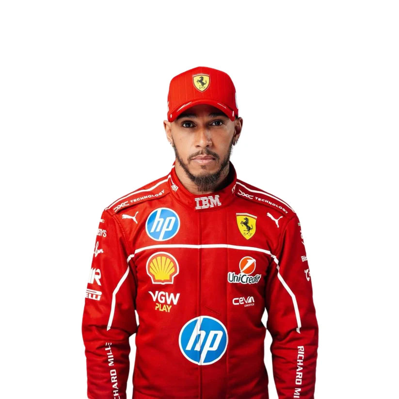 Lewis Hamilton in Ferrari 2025 F1 Racing Suit with various sponsor logos on a white background