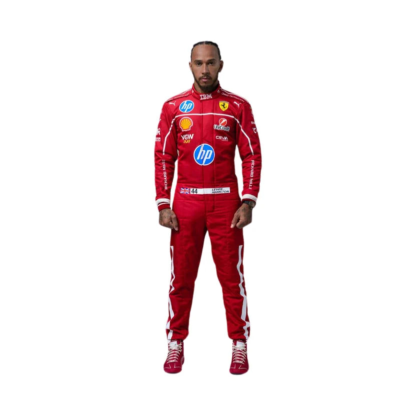 Lewis Hamilton in Ferrari 2025 F1 Racing Suit with various sponsor logos on a white background