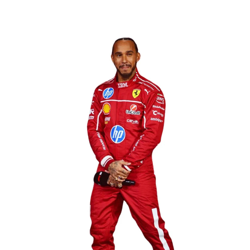 Lewis Hamilton in Ferrari 2025 F1 Racing Suit with various sponsor logos on a white background