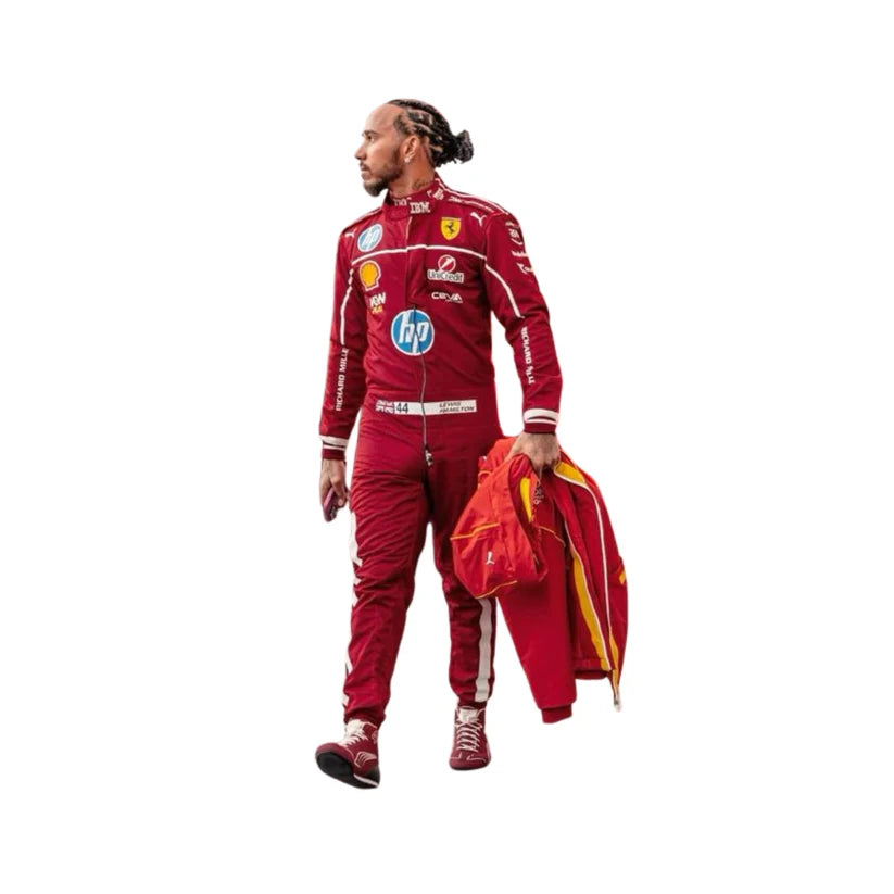 Lewis Hamilton in Ferrari 2025 F1 Racing Suit with various logos on a white background