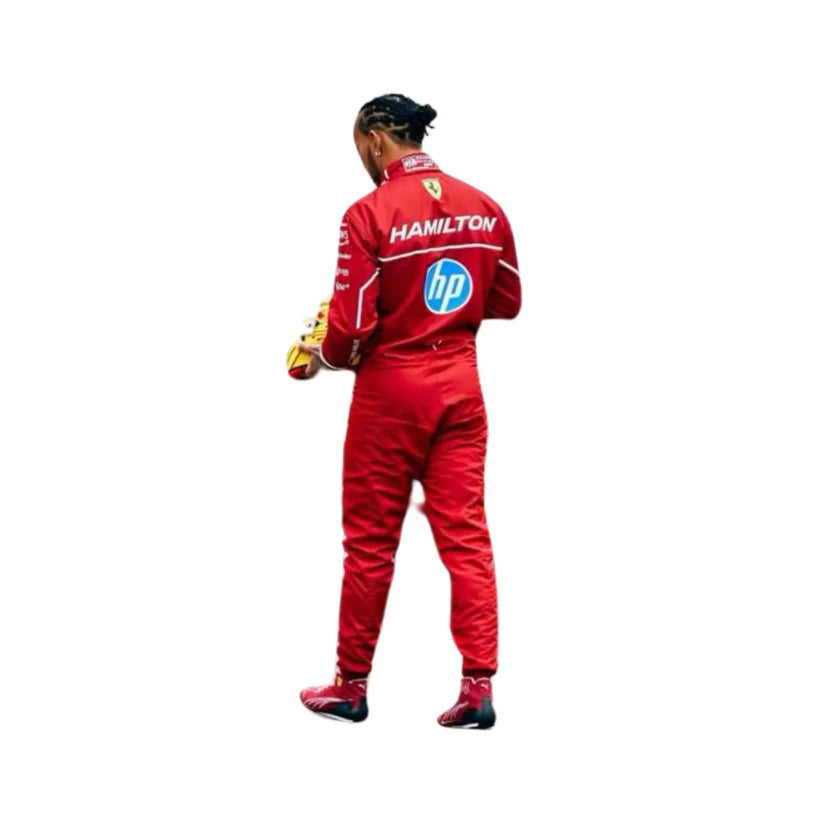 Lewis Hamilton in Ferrari 2025 F1 Racing Suit with visible branding on a white background