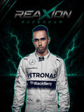 Lewis Hamilton in Mercedes 2015 F1 Racing Suit, standing against a dark background with green lightning effects and the 'REAXION RACEGEAR' logo at the top.