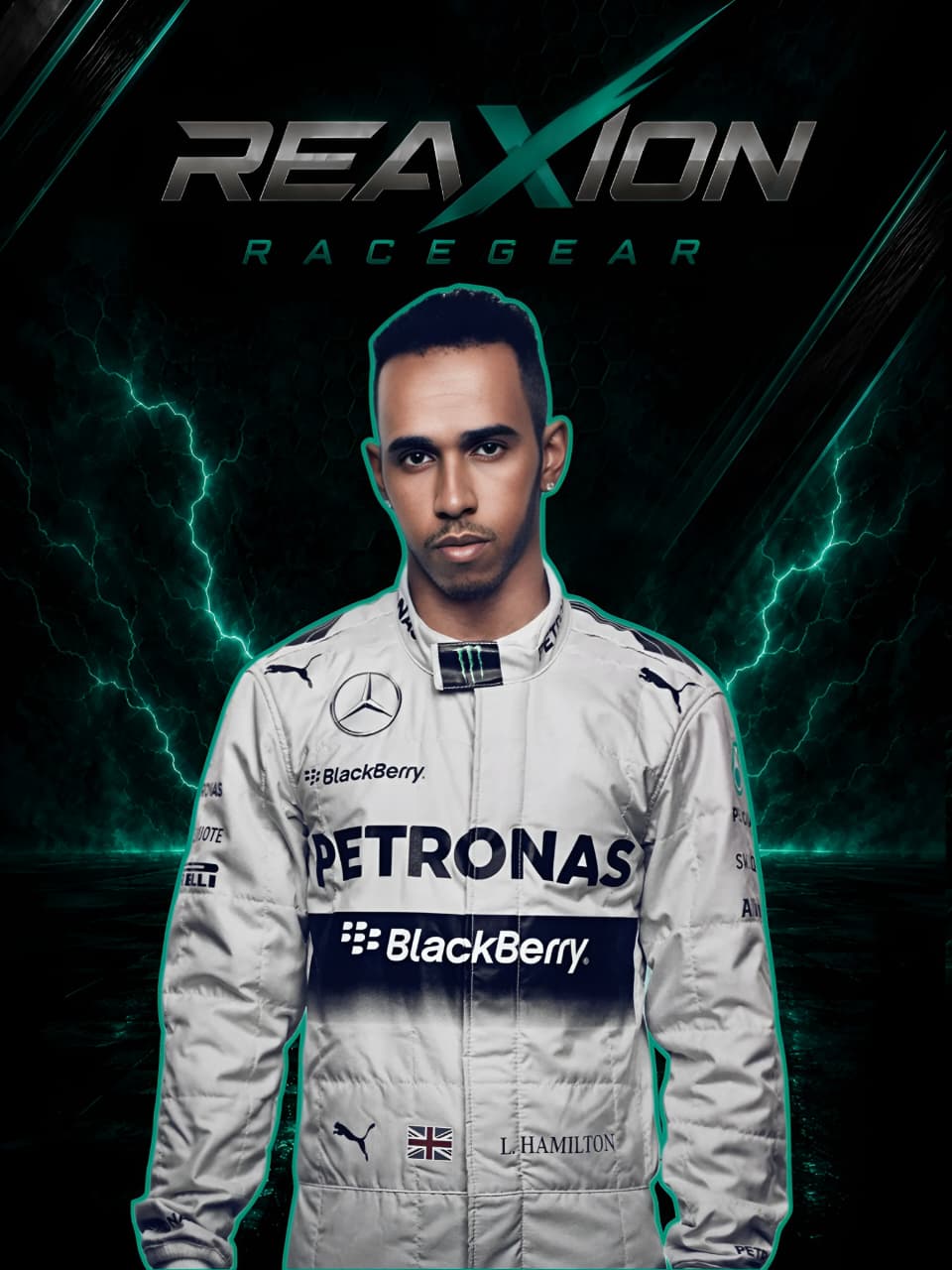 Lewis Hamilton in Mercedes 2015 F1 Racing Suit, standing against a dark background with green lightning effects and the 'REAXION RACEGEAR' logo at the top.