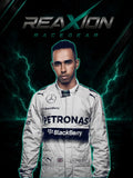 Lewis Hamilton in Mercedes 2015 F1 Racing Suit, standing against a dark background with green lightning effects and the 'REAXION RACEGEAR' logo at the top.