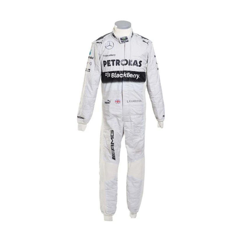 Lewis Hamilton Mercedes 2015 F1 Racing Suit with sponsor logos on a white background