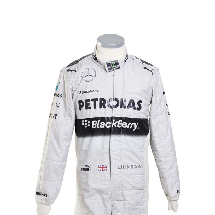 Lewis Hamilton Mercedes 2015 F1 Racing Suit with various sponsor logos on a mannequin against a white background