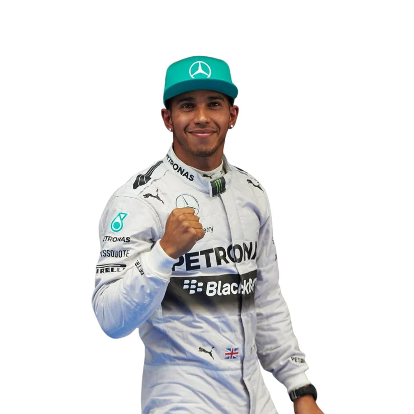 Lewis Hamilton in Mercedes 2015 F1 Racing Suit with visible branding on a white background