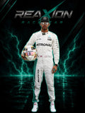 Lewis Hamilton in Mercedes 2016 F1 Racing Suit, holding his racing helmet, with a dark background featuring green lightning effects and the 'REAXION RACEGEAR' logo.