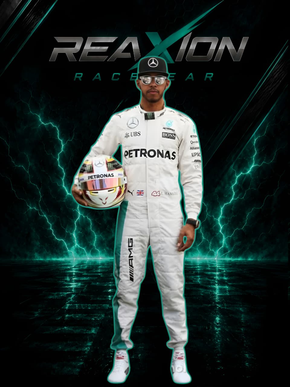 Lewis Hamilton in Mercedes 2016 F1 Racing Suit, holding his racing helmet, with a dark background featuring green lightning effects and the 'REAXION RACEGEAR' logo.