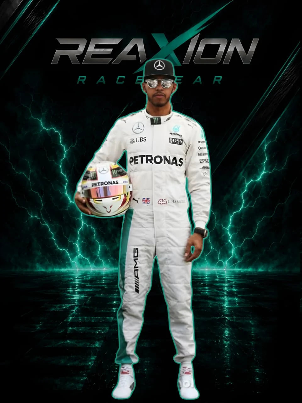 Lewis Hamilton in Mercedes 2016 F1 Racing Suit, holding his racing helmet, with a dark background featuring green lightning effects and the 'REAXION RACEGEAR' logo.
