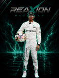 Lewis Hamilton in Mercedes 2016 F1 Racing Suit, holding his racing helmet, with a dark background featuring green lightning effects and the 'REAXION RACEGEAR' logo.