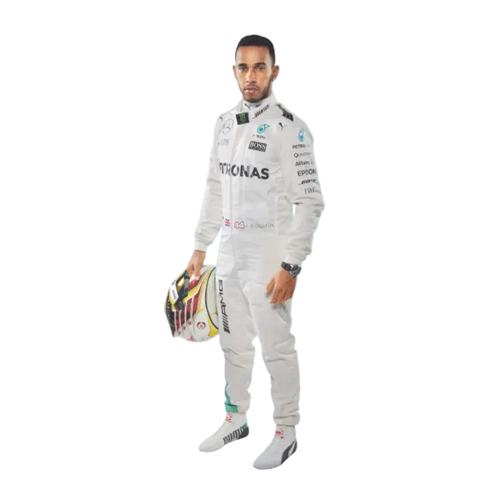 Lewis Hamilton in Mercedes 2016 F1 Racing Suit, holding a colorful racing helmet, set against a light blue and white watercolor background. Visible brands on the suit include Petronas, Mercedes, and Puma.