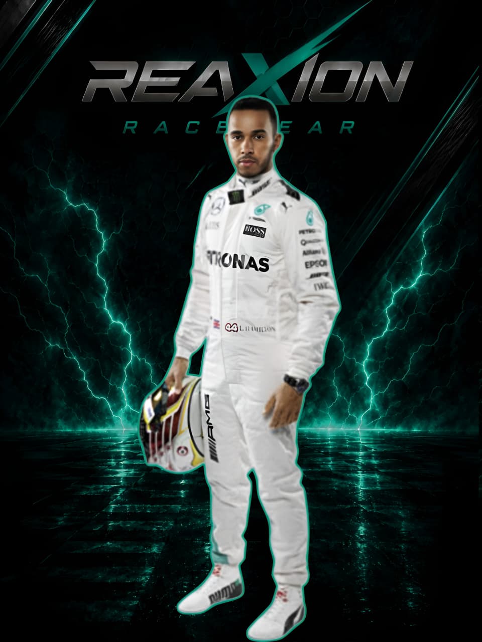 Lewis Hamilton in Mercedes 2017 F1 Racing Suit and helmet stands against a dark, dramatic background with teal lightning effects and the large text 'REAXION RACEGEAR'.