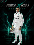 Lewis Hamilton in Mercedes 2017 F1 Racing Suit and helmet stands against a dark, dramatic background with teal lightning effects and the large text 'REAXION RACEGEAR'.
